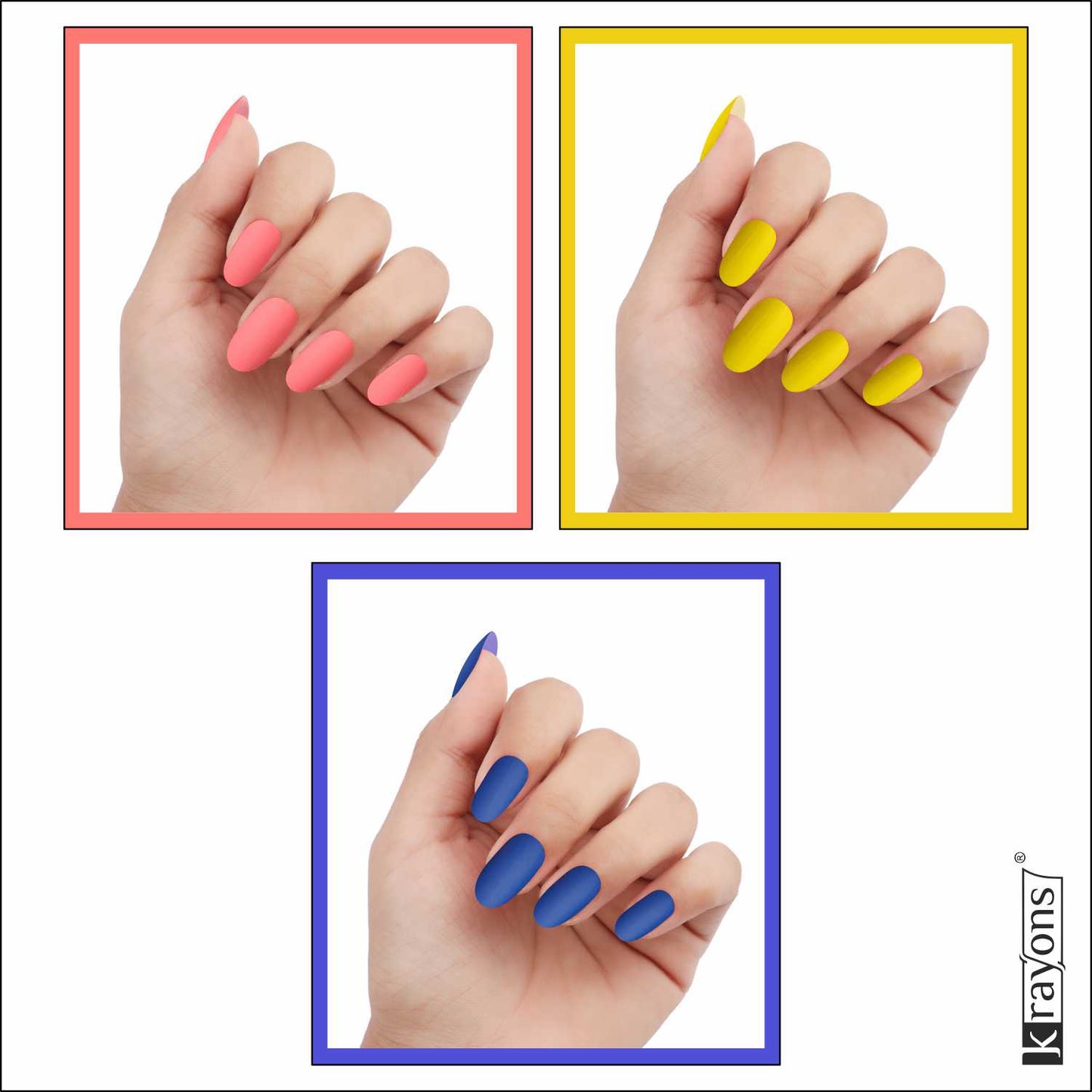 Krayons Cute Super Matte Finish Nail Enamel, Quick Dry, LongLasting, Blossom Peach, Lemon Yellow, Blue Ink, 6ml Each (Pack of 3)