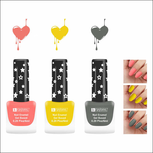 Krayons Cute Super Matte Finish Nail Enamel, Quick Dry, LongLasting, Blossom Peach, Lemon Yellow, Charcoal Grey, 6ml Each (Pack of 3)