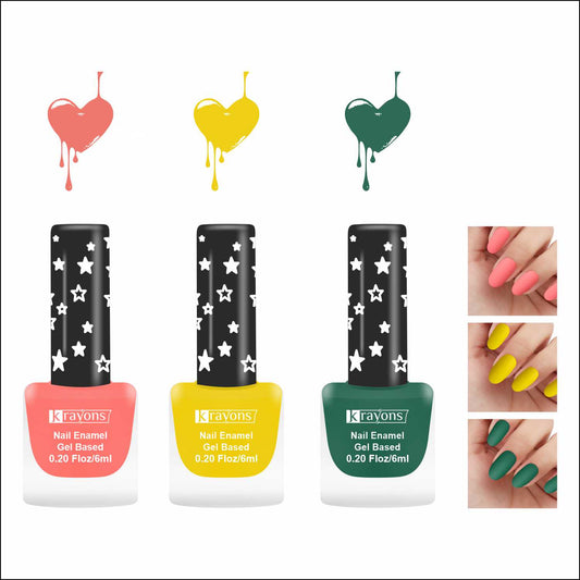 Krayons Cute Super Matte Finish Nail Enamel, Quick Dry, LongLasting, Blossom Peach, Lemon Yellow, Forest Green, 6ml Each (Pack of 3)
