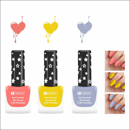 Krayons Cute Super Matte Finish Nail Enamel, Quick Dry, LongLasting, Blossom Peach, Lemon Yellow, Ice Matte, 6ml Each (Pack of 3)