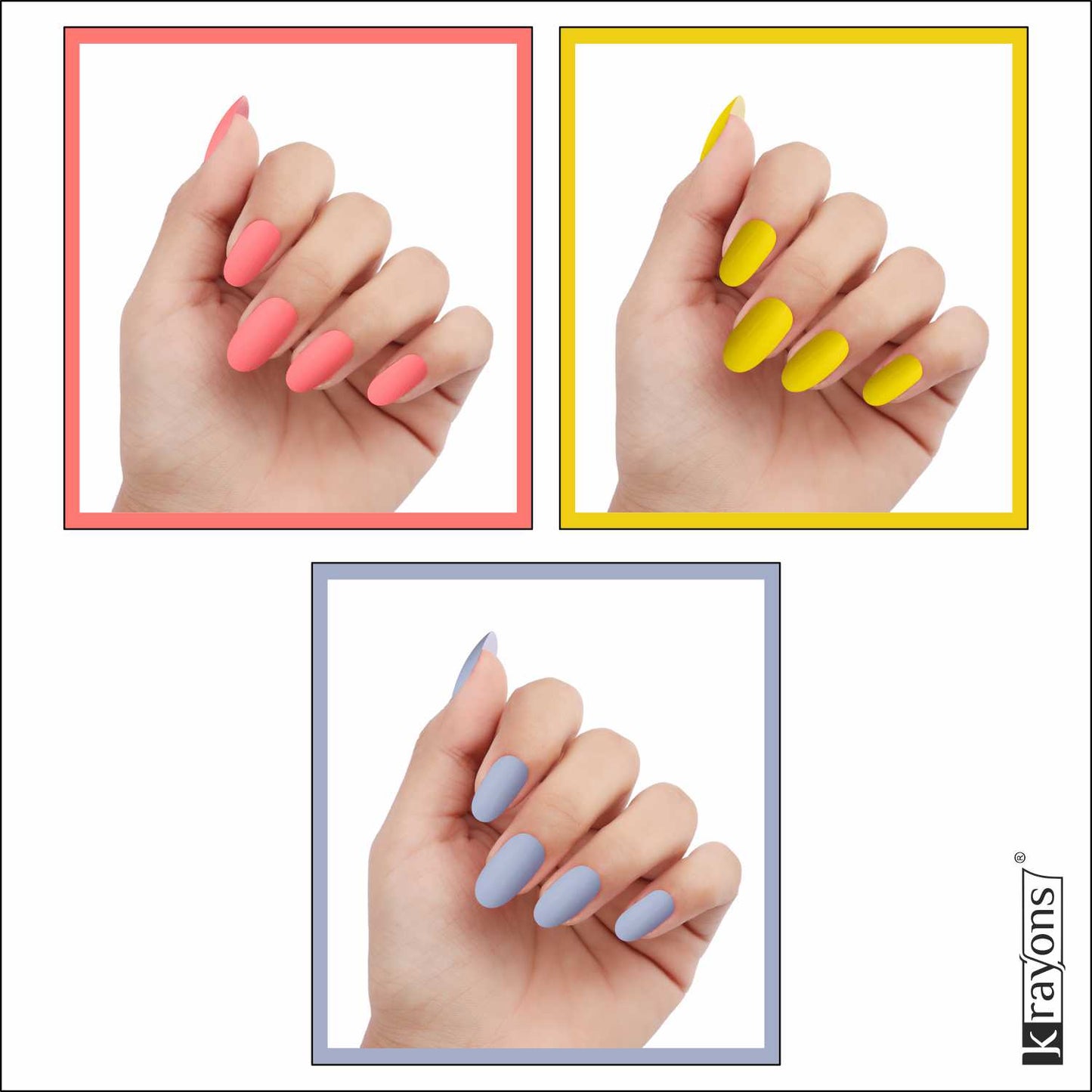 Krayons Cute Super Matte Finish Nail Enamel, Quick Dry, LongLasting, Blossom Peach, Lemon Yellow, Ice Matte, 6ml Each (Pack of 3)