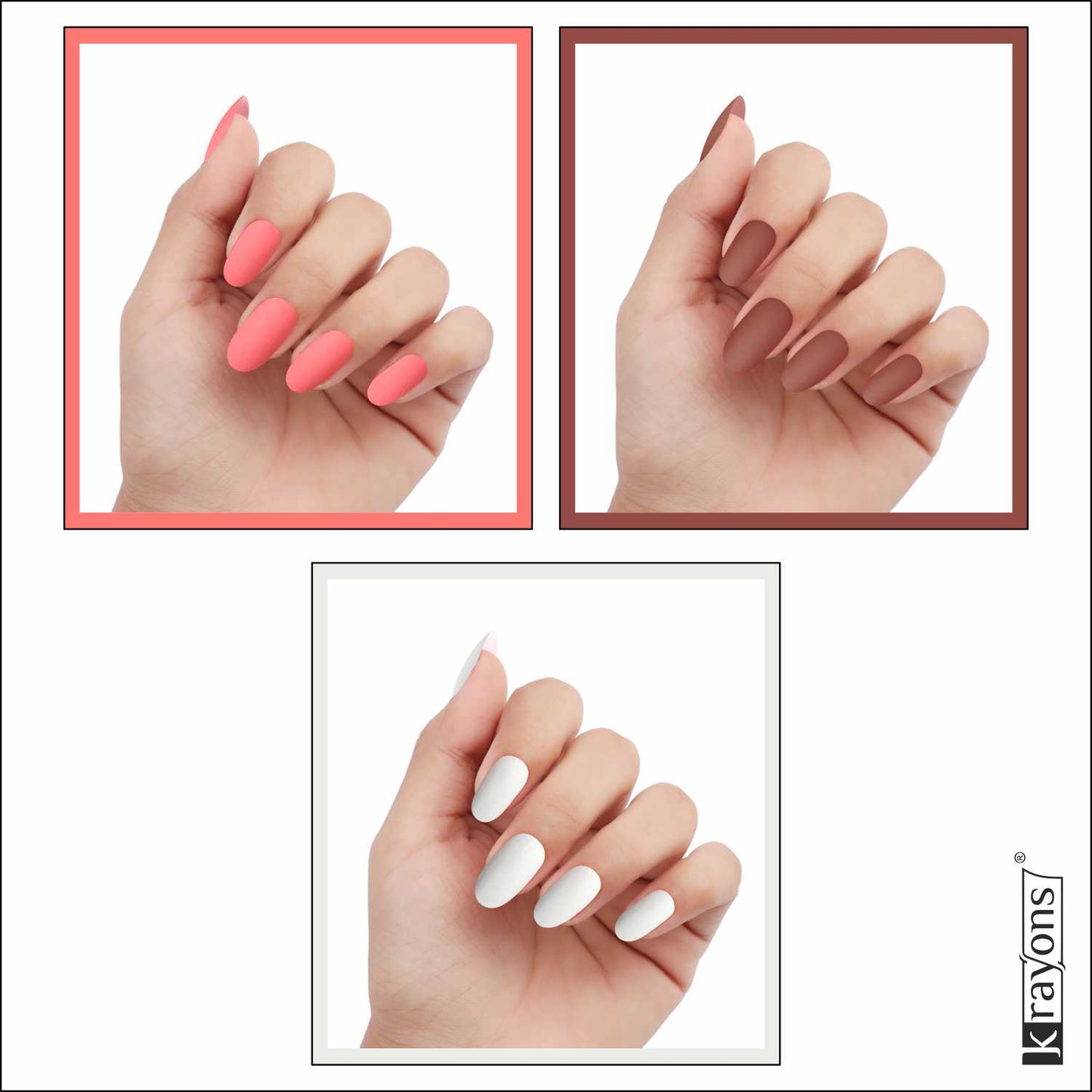 Krayons Cute Super Matte Finish Nail Enamel, Quick Dry, LongLasting, Blossom Peach, Chestnut Matte, Snow White, 6ml Each (Pack of 3)