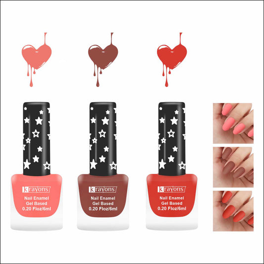Krayons Cute Super Matte Finish Nail Enamel, Quick Dry, LongLasting, Blossom Peach, Chestnut Matte, Ruby Red, 6ml Each (Pack of 3)