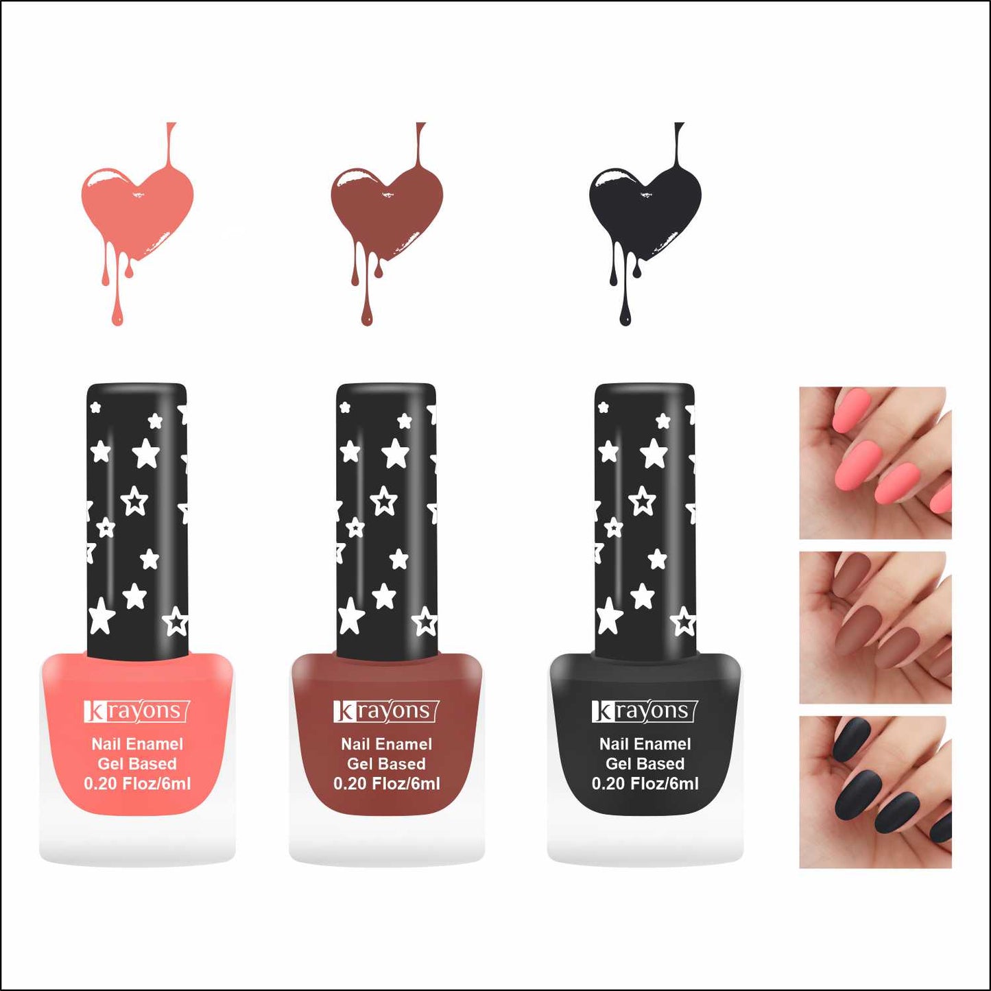 Krayons Cute Super Matte Finish Nail Enamel, Quick Dry, LongLasting, Blossom Peach, Chestnut Matte, Black Magnet, 6ml Each (Pack of 3)