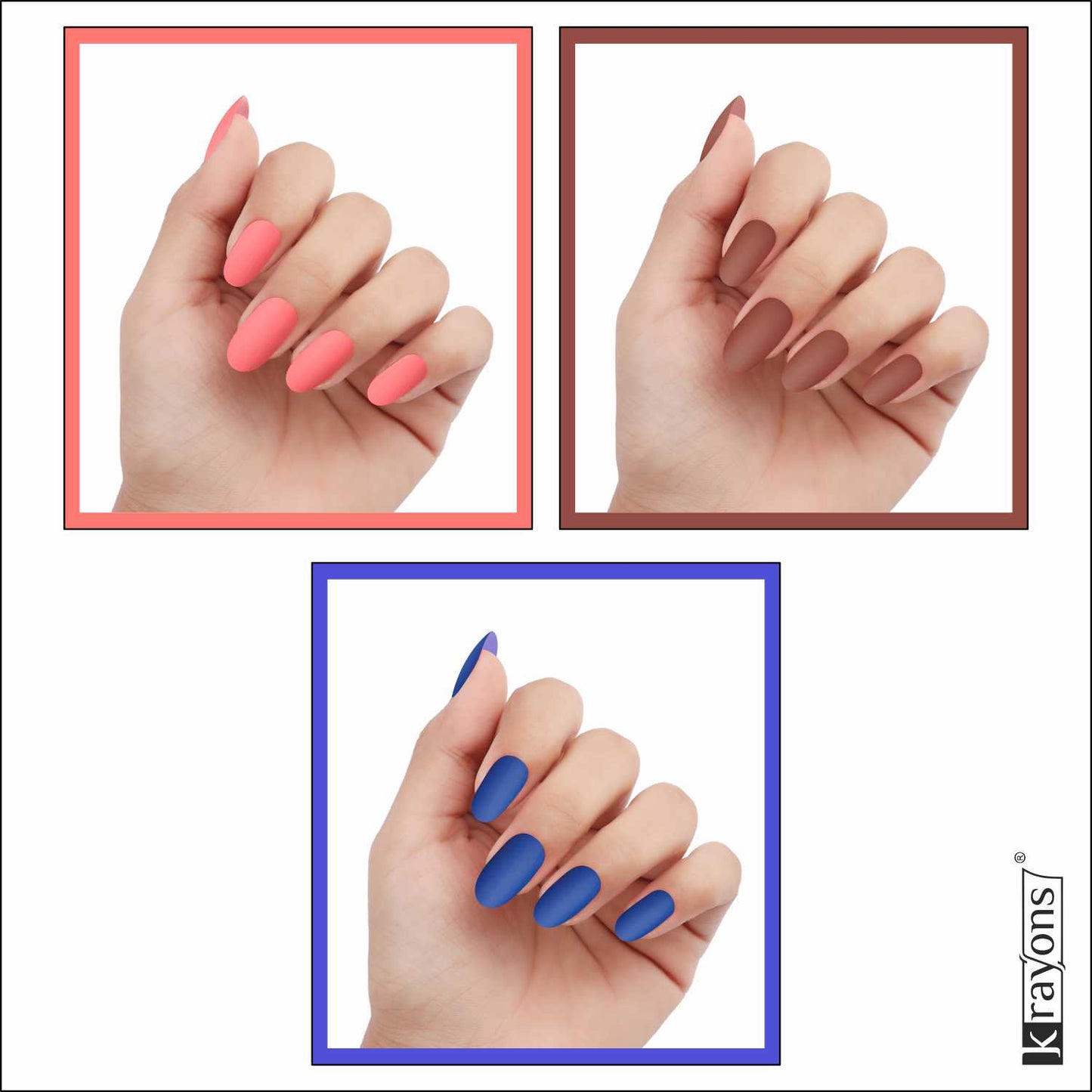 Krayons Cute Super Matte Finish Nail Enamel, Quick Dry, LongLasting, Blossom Peach, Chestnut Matte, Blue Ink, 6ml Each (Pack of 3)