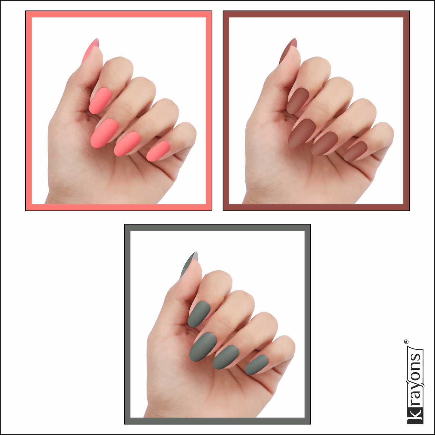 Krayons Cute Super Matte Finish Nail Enamel, Quick Dry, LongLasting, Blossom Peach, Chestnut Matte, Charcoal Grey, 6ml Each (Pack of 3)