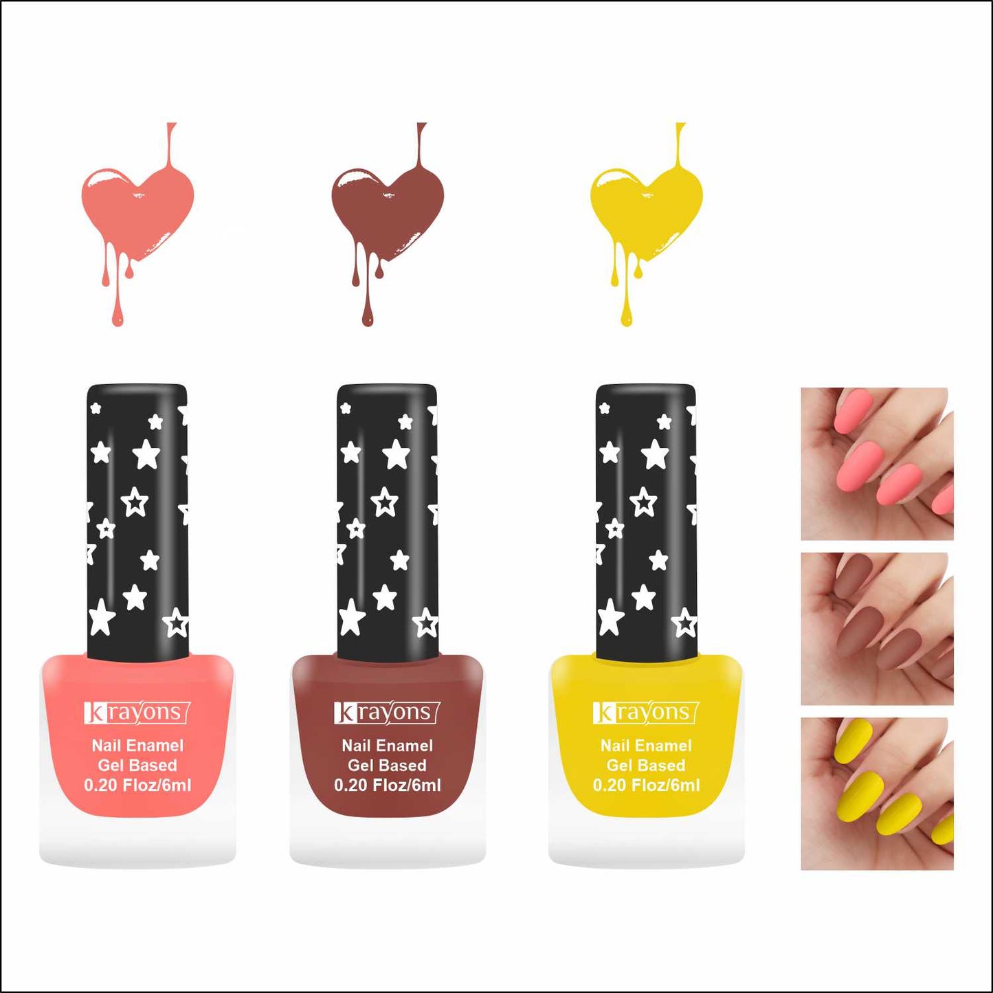Krayons Cute Super Matte Finish Nail Enamel, Quick Dry, LongLasting, Blossom Peach, Chestnut Matte, Lemon Yellow, 6ml Each (Pack of 3)
