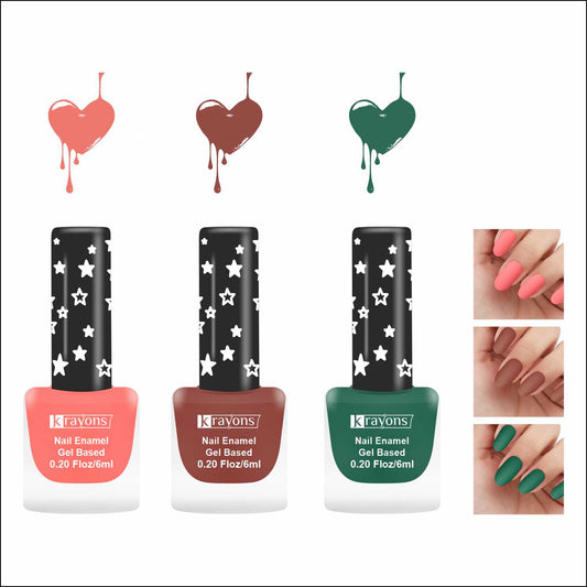Krayons Cute Super Matte Finish Nail Enamel, Quick Dry, LongLasting, Blossom Peach, Chestnut Matte, Forest Green, 6ml Each (Pack of 3)
