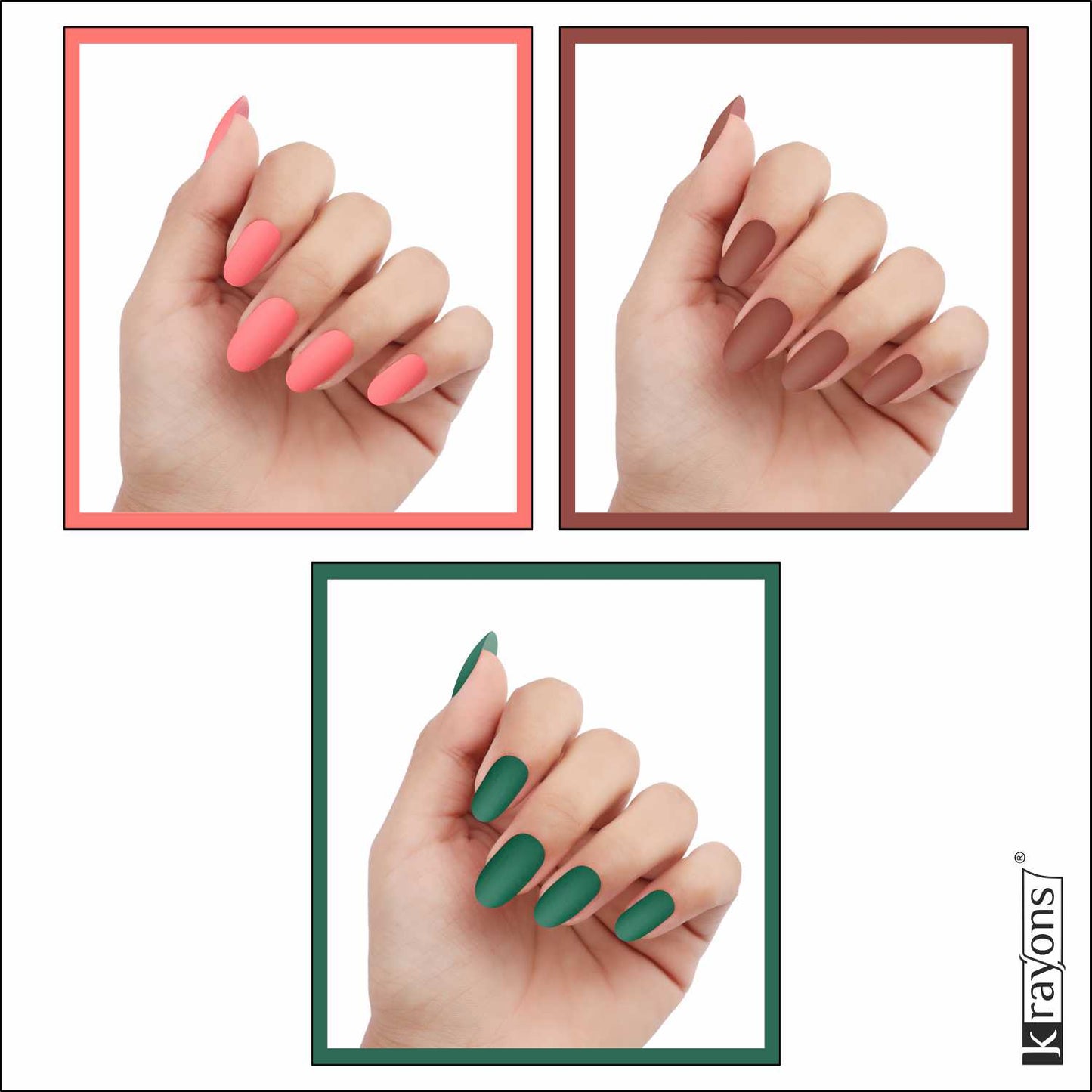 Krayons Cute Super Matte Finish Nail Enamel, Quick Dry, LongLasting, Blossom Peach, Chestnut Matte, Forest Green, 6ml Each (Pack of 3)