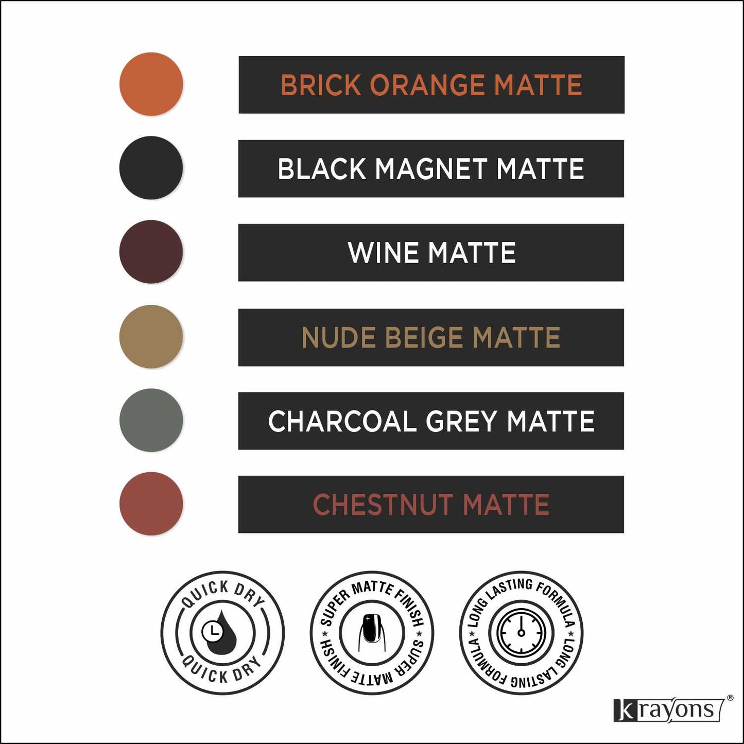 Krayons Cute Super Matte Finish Nail Enamel, Quick Dry, LongLasting, Multicolor, 6ml Each (Pack of 6)