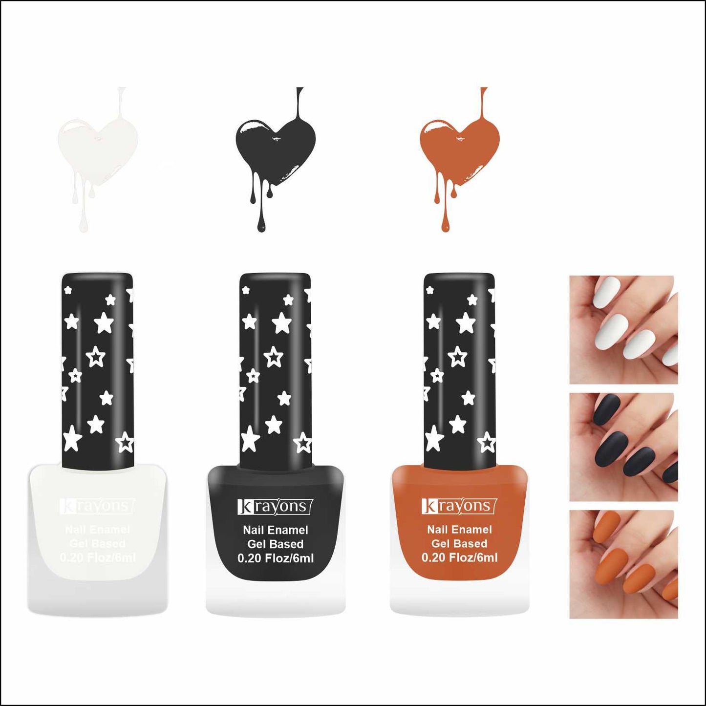 Krayons Cute Super Matte Finish Nail Enamel, Quick Dry, LongLasting, Snow White, Black Magnet, Brick Orange, 6ml Each (Pack of 3)