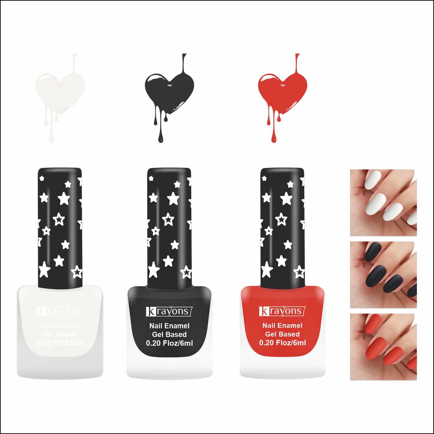 Krayons Cute Super Matte Finish Nail Enamel, Quick Dry, LongLasting, Snow White, Black Magnet, Ruby Red, 6ml Each (Pack of 3)