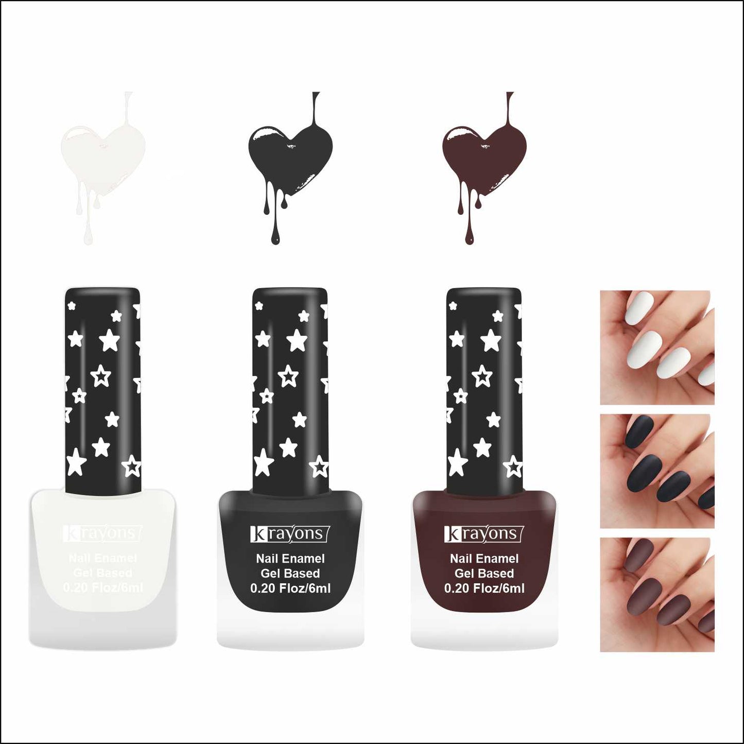 Krayons Cute Super Matte Finish Nail Enamel, Quick Dry, LongLasting, Snow White, Black Magnet, Wine Matte, 6ml Each (Pack of 3)