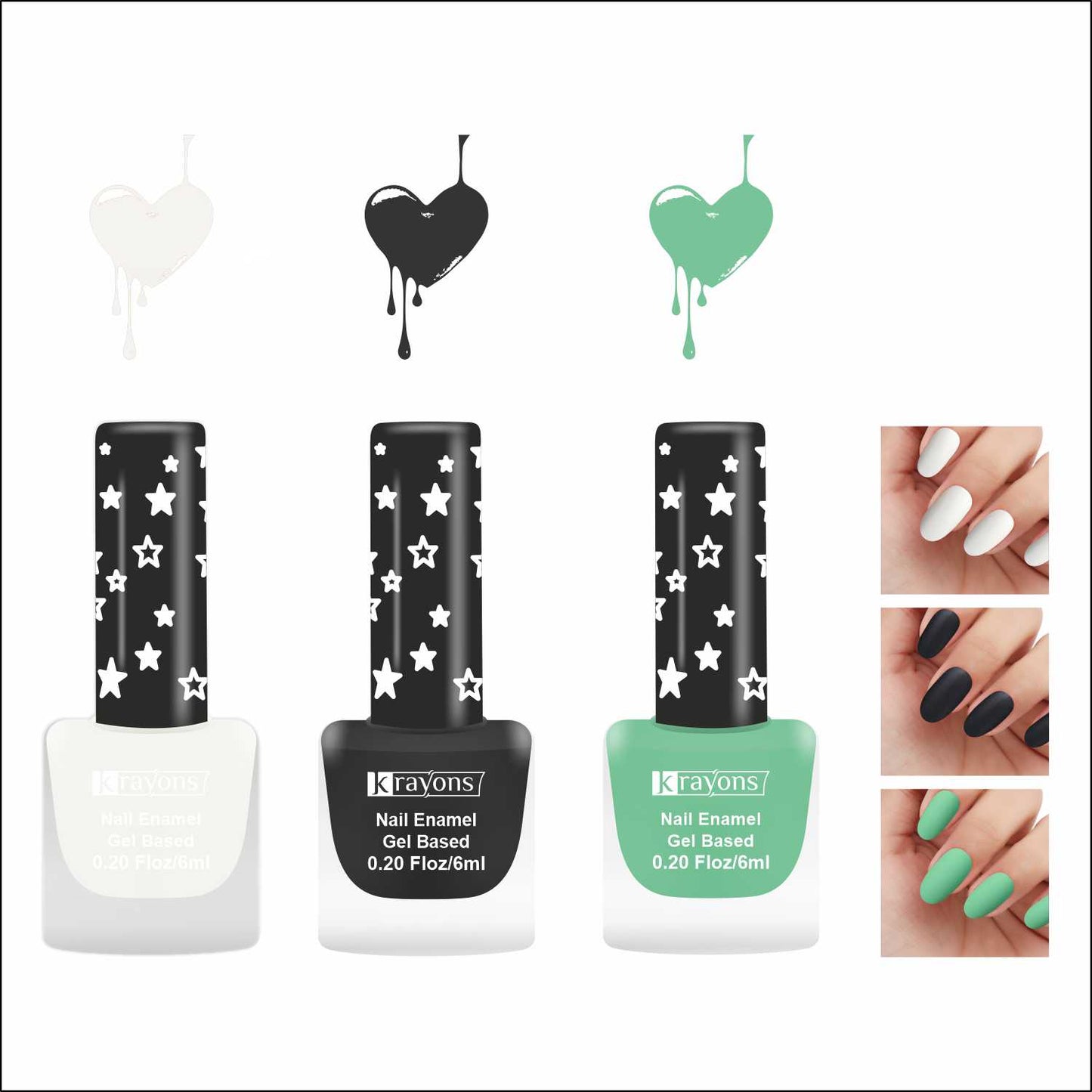 Krayons Cute Super Matte Finish Nail Enamel, Quick Dry, LongLasting, Snow White, Black Magnet, Mint Green, 6ml Each (Pack of 3)