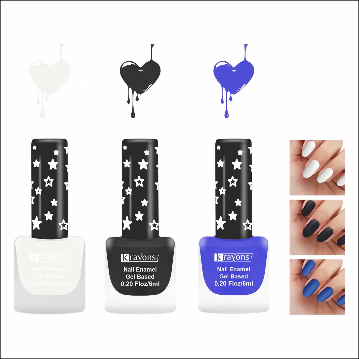 Krayons Cute Super Matte Finish Nail Enamel, Quick Dry, LongLasting, Snow White, Black Magnet, Blue Ink, 6ml Each (Pack of 3)