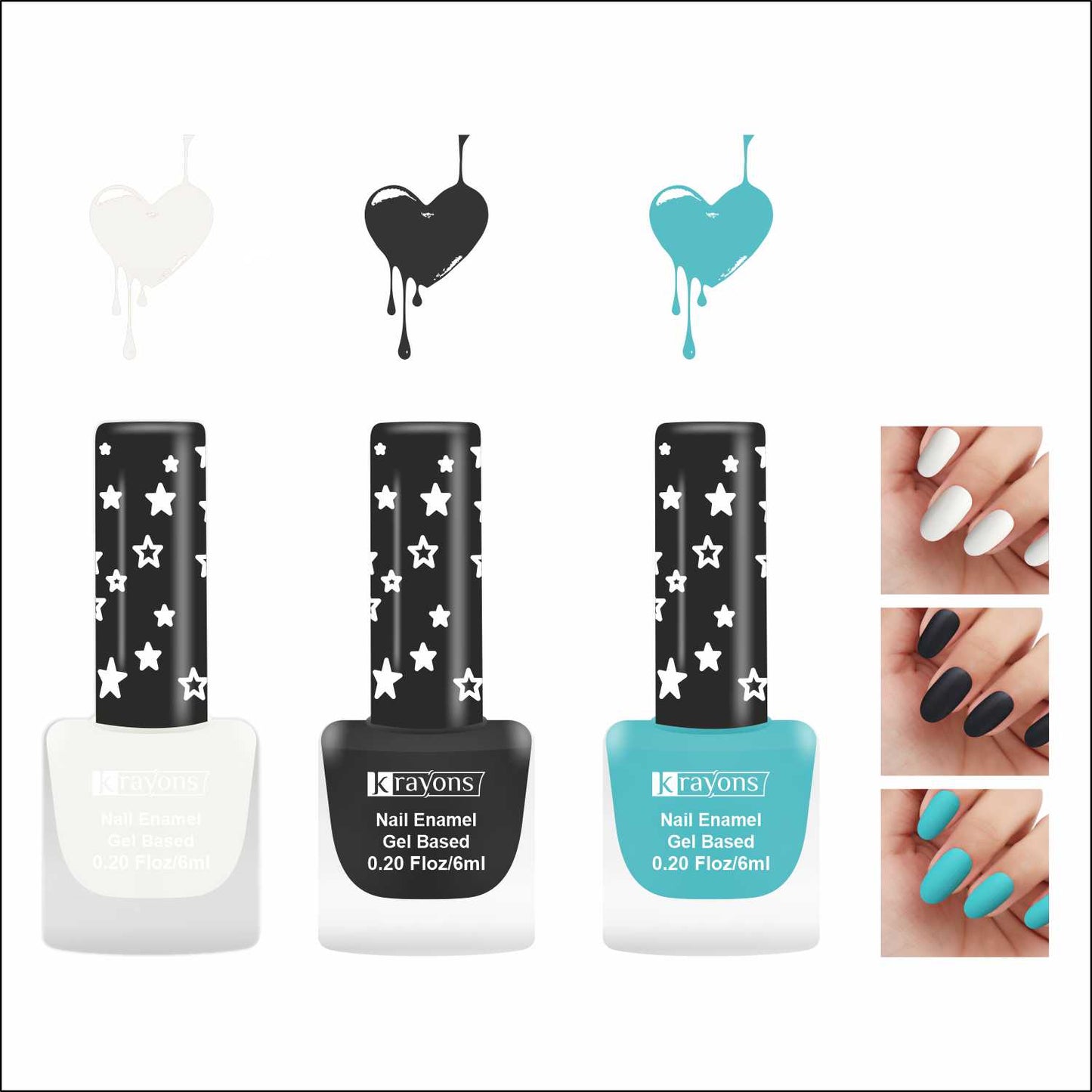 Krayons Cute Super Matte Finish Nail Enamel, Quick Dry, LongLasting, Snow White, Black Magnet, Cyan Matte, 6ml Each (Pack of 3)