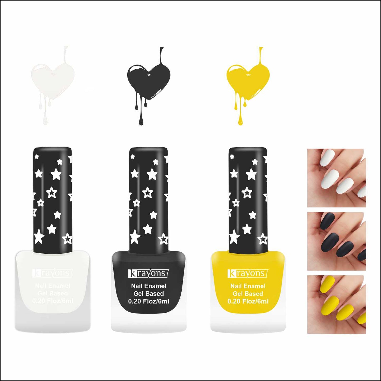 Krayons Cute Super Matte Finish Nail Enamel, Quick Dry, LongLasting, Snow White, Black Magnet, Lemon Yellow, 6ml Each (Pack of 3)