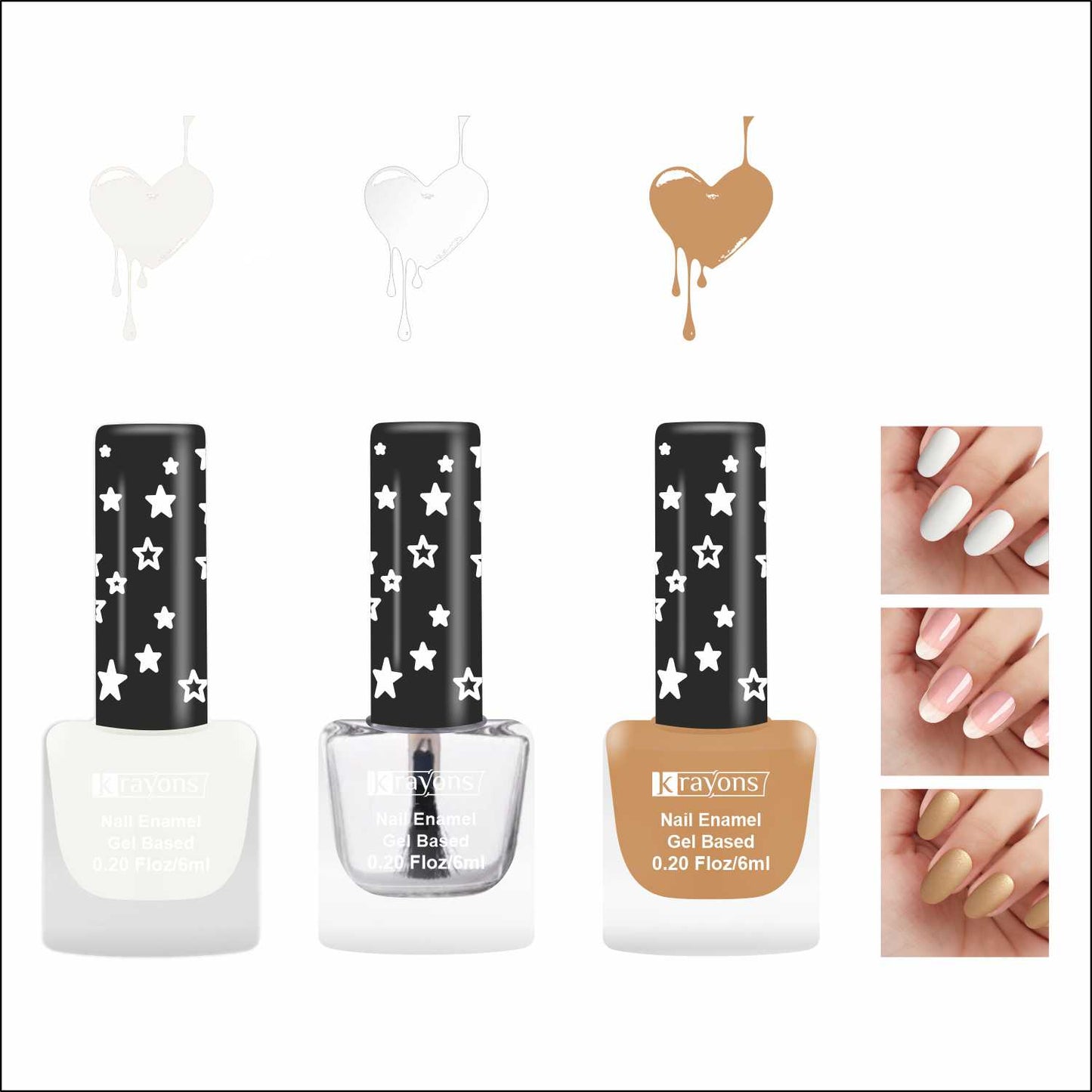 Krayons Cute Super Matte Finish Nail Enamel, Quick Dry, LongLasting, Snow White, Top Coat, Golden Matte, 6ml Each (Pack of 3)