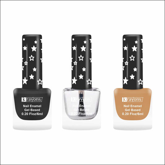 Krayons Cute Super Matte Finish Nail Enamel, Quick Dry, LongLasting, Black Magnet, Top Coat, Golden Matte, 6ml Each (Pack of 3)
