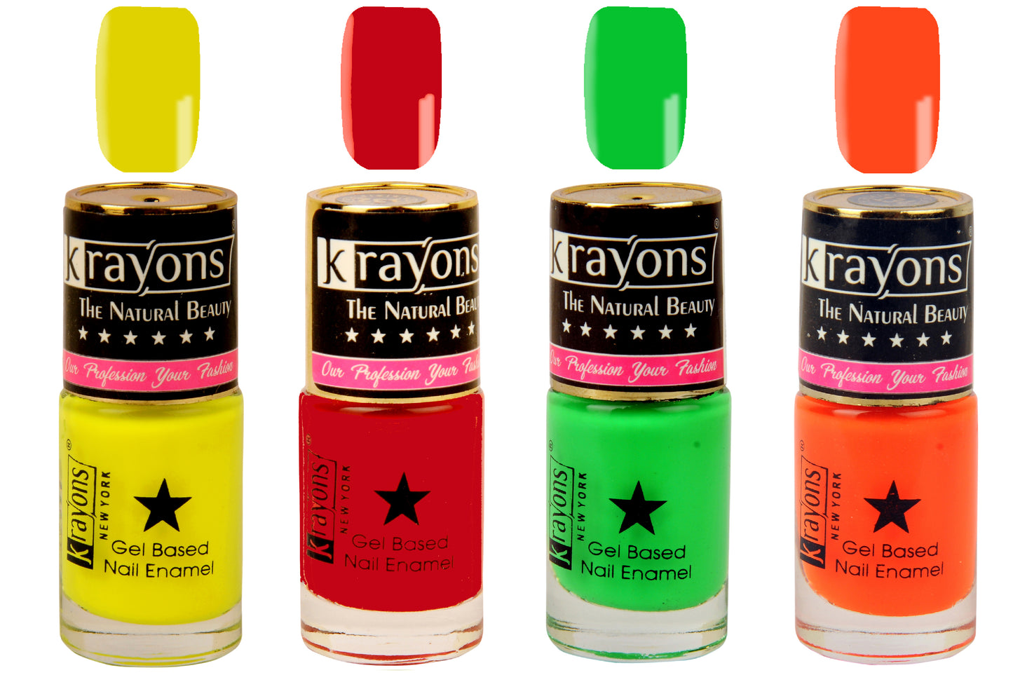 Krayons Gel Base Glossy Effect Nail Polish, Waterproof, Longlasting, Signal Red, Neon Yellow, Neon Green, Neon Orange, 6ml Each (Pack of 4)