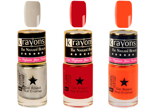 Krayons Gel Base Glossy Effect Nail Polish, Waterproof, Longlasting, Neon Orange, Silver Grey, Signal Red, 6ml Each (Pack of 3)