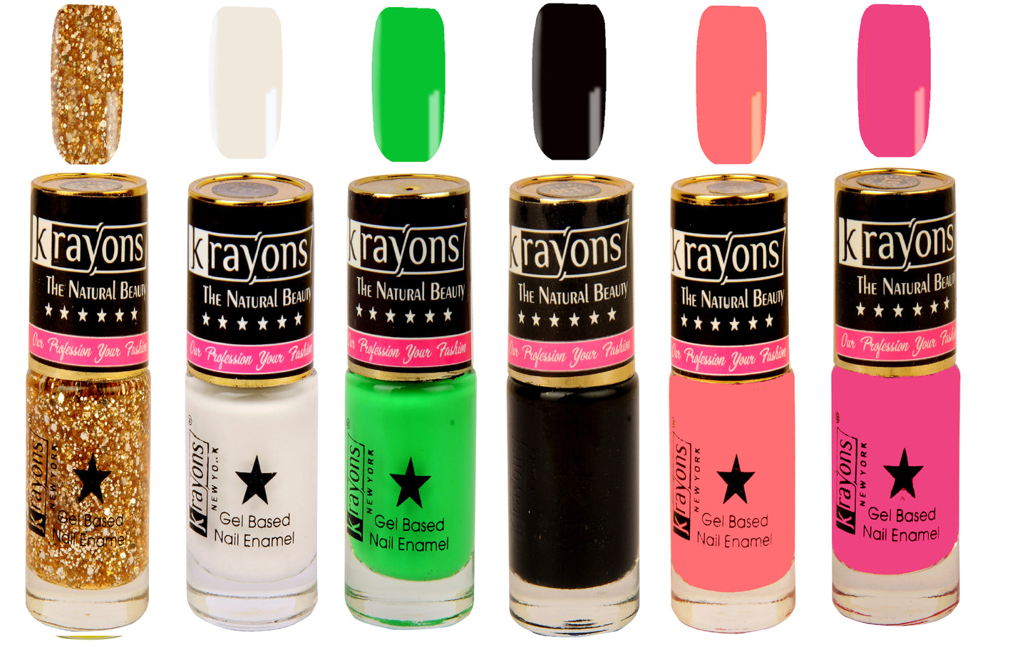 Krayons Gel Base Glossy Effect Nail Polish, Waterproof, Longlasting, Muticolor, 6ml Each (Pack of 6)