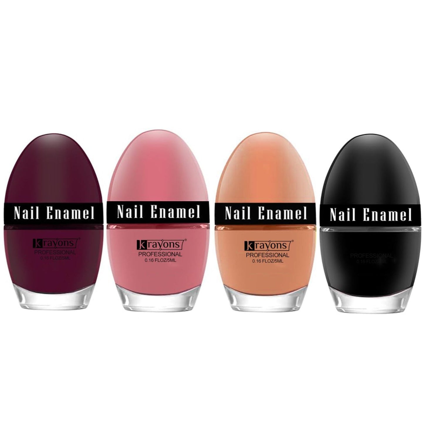 Krayons Professional Glossy Nail Paint, 5ml Each, Pack of 4 (Maroon, Peach Pink, Nude Beige, Black Shadow)