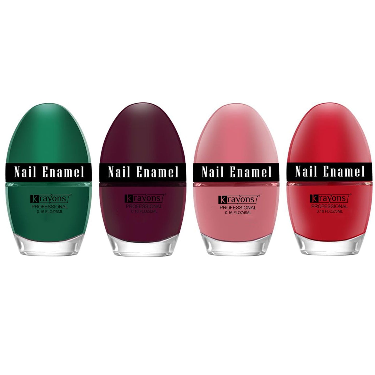 Krayons Professional Glossy Nail Paint, 5ml Each, Pack of 4 (Maroon, Peach Pink, Dark Green, Blood Red)