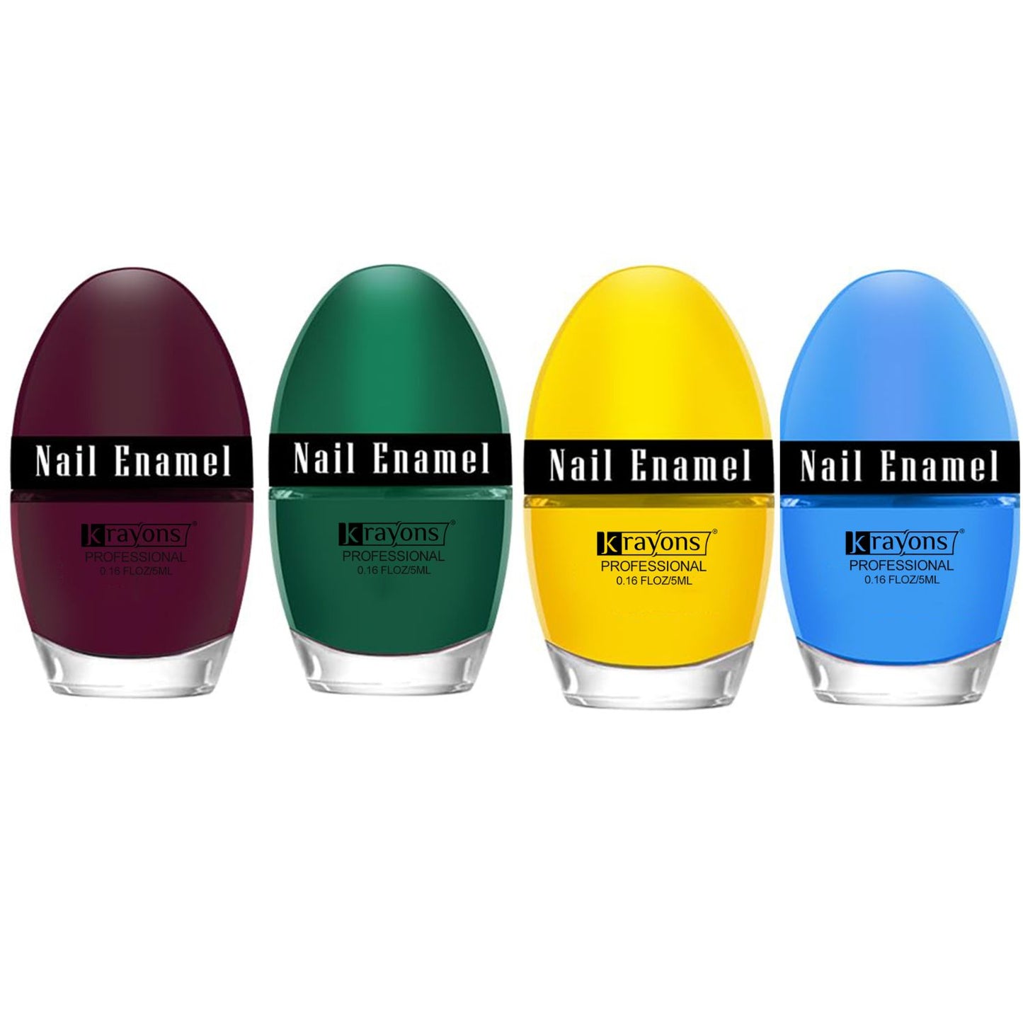 Krayons Professional Glossy Nail Paint, 5ml Each, Pack of 4 (Maroon, Dark Green, Lemon Yellow, Baby Blue)