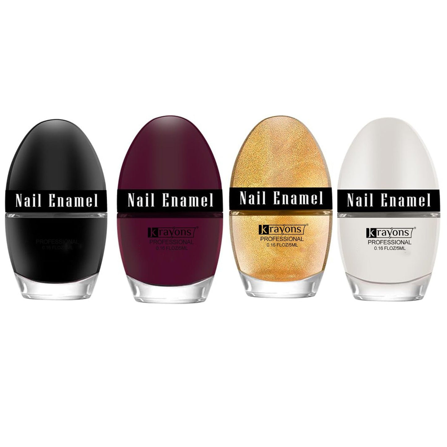 Krayons Professional Glossy Nail Paint, 5ml Each, Pack of 4 (Maroon, Black Shadow, White Snow, Golden Glitter)