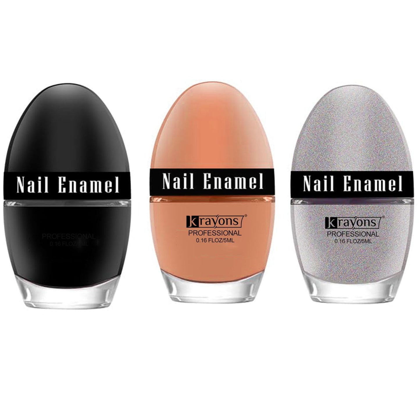 Krayons Professional Glossy Nail Paint, 5ml Each, Pack of 3 (Black Shadow, Nude Beige, Silver Glitter)