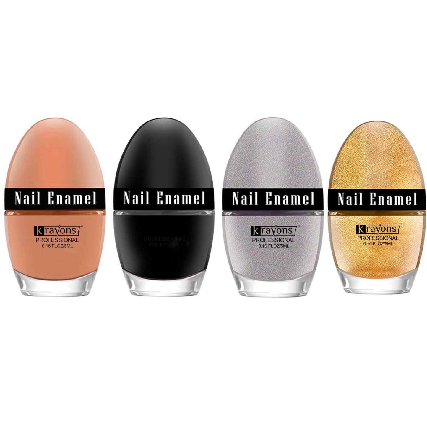 Krayons Professional Glossy Nail Paint, 5ml Each, Pack of 4 (Nude Beige, Black Shadow, Golden Glitter, Silver Glitter)