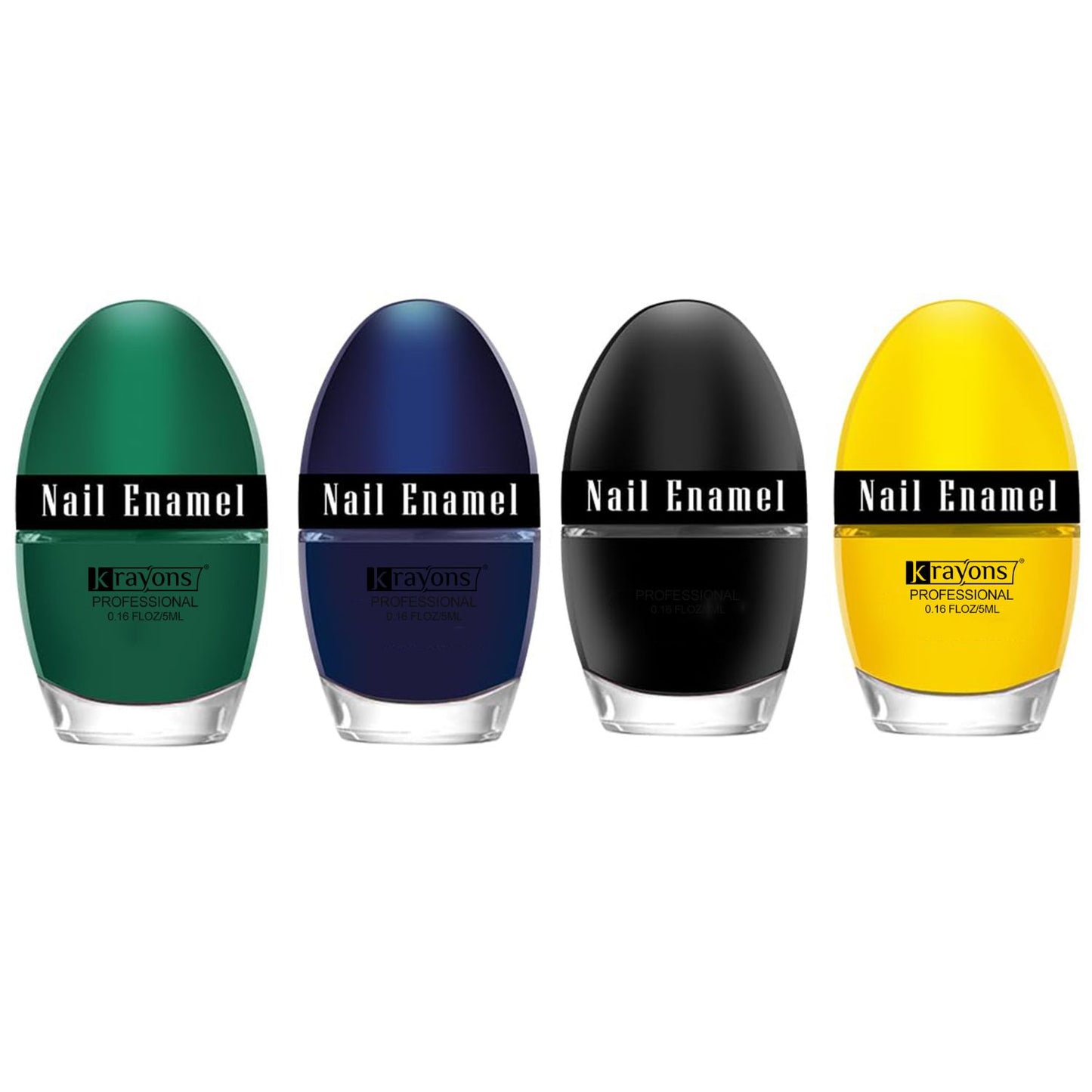 Krayons Professional Glossy Nail Paint, 5ml Each, Pack of 4 (Dark Green, Blue Ink, Black Shadow, Lemon Yellow)