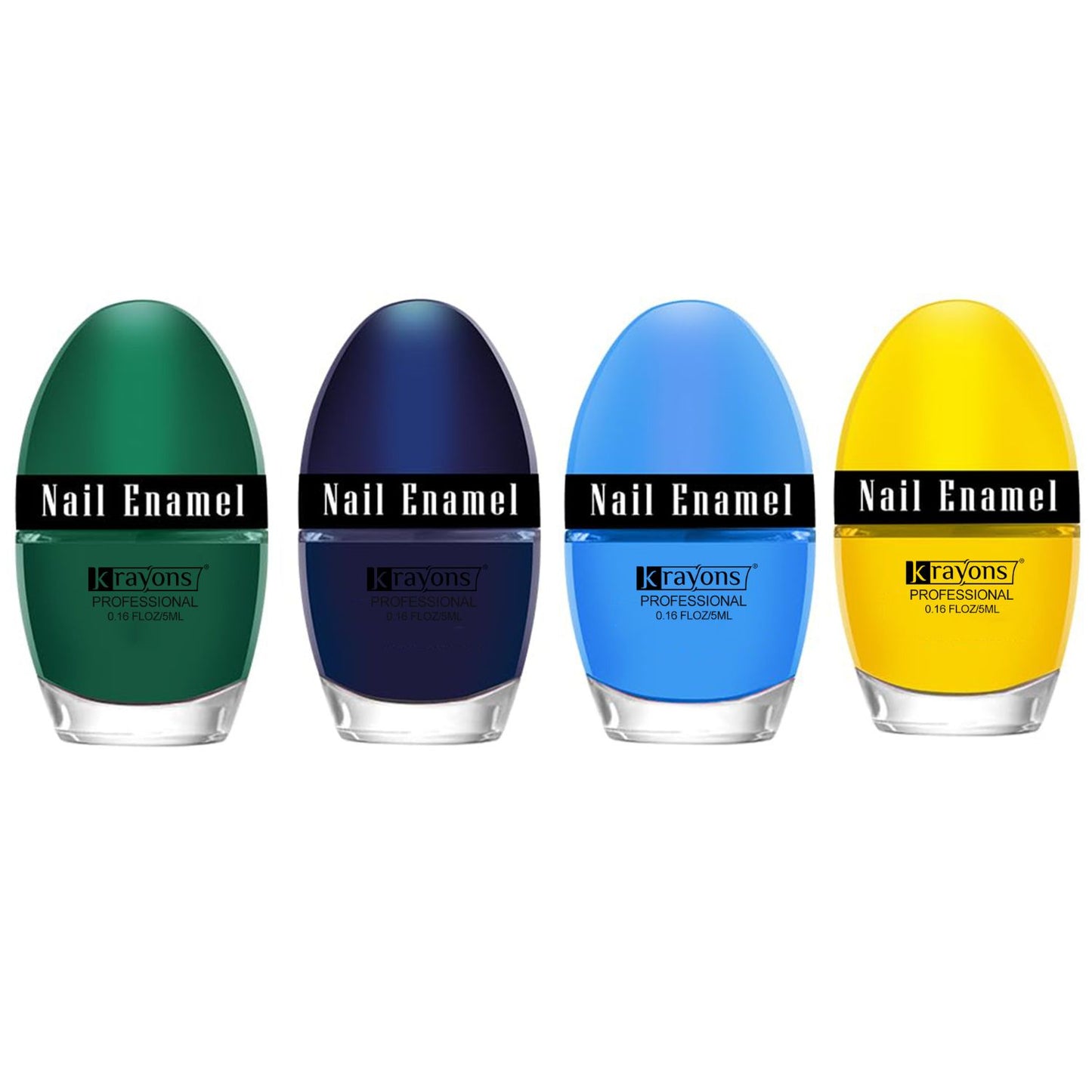 Krayons Professional Glossy Nail Paint, 5ml Each, Pack of 4 (Dark Green, Blue Ink, Baby Blue, Lemon Yellow)