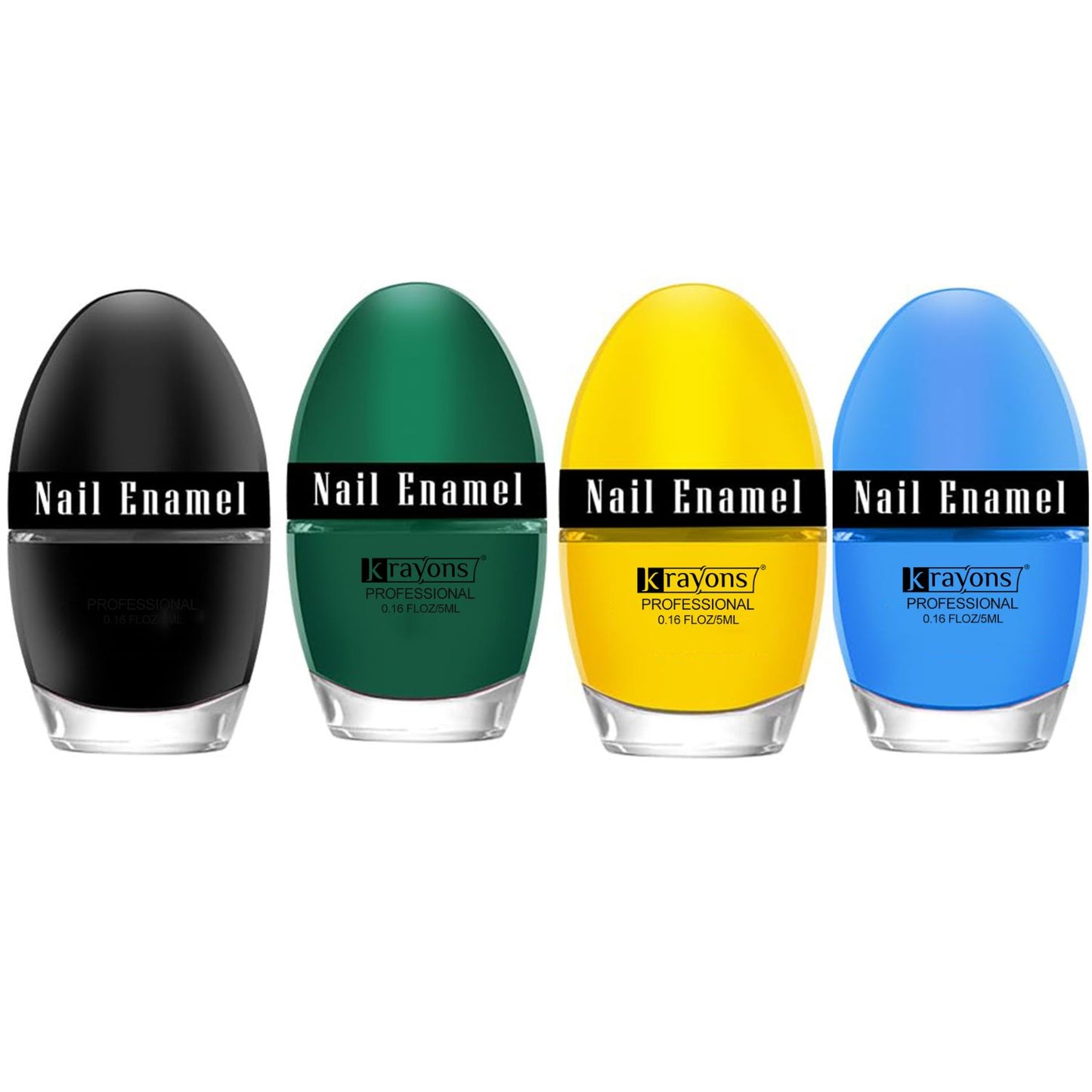 Krayons Professional Glossy Nail Paint, 5ml Each, Pack of 4 (Dark Green, Lemon Yellow, Black Shadow, Baby Blue)