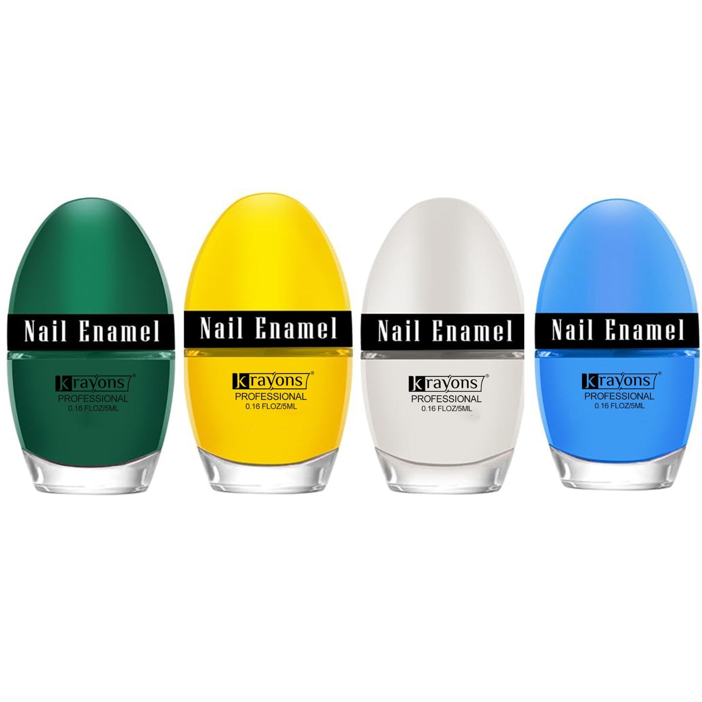 Krayons Professional Glossy Nail Paint, 5ml Each, Pack of 4 (Dark Green, Lemon Yellow, White Snow, Baby Blue)