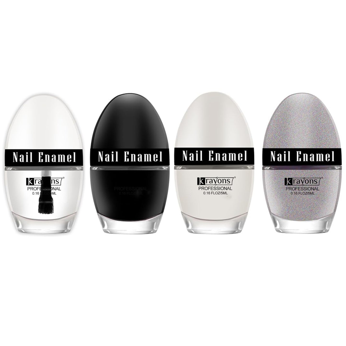 Krayons Professional Glossy Nail Paint, 5ml Each, Pack of 4 (Top Coat, Black Shadow, White Snow, Silver Glitter)