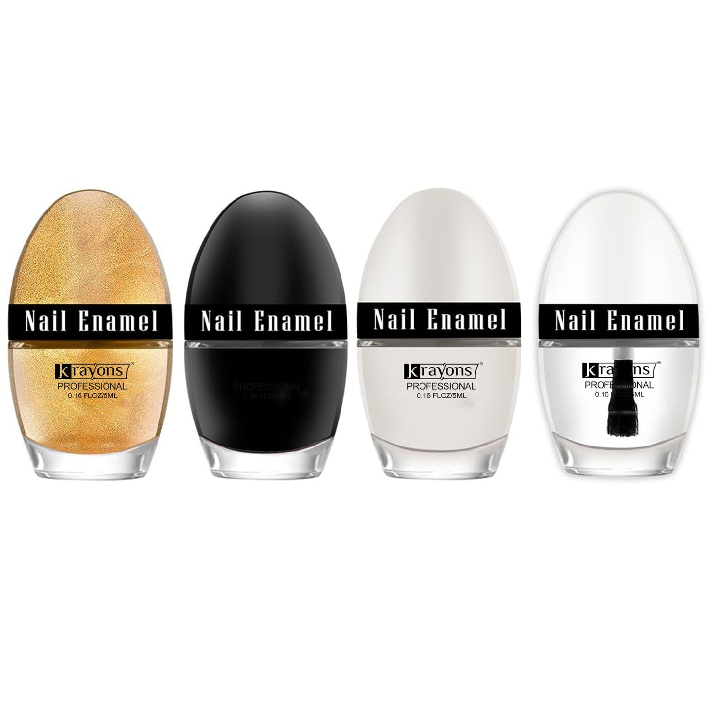 Krayons Professional Glossy Nail Paint, 5ml Each, Pack of 4 (Top Coat, Golden Glitter, Black Shadow, White Snow)