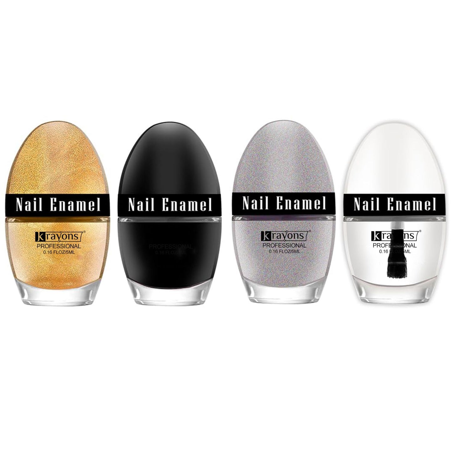 Krayons Professional Glossy Nail Paint, 5ml Each, Pack of 4 (Top Coat, Golden Glitter, Silver Glitter, Black Shadow)