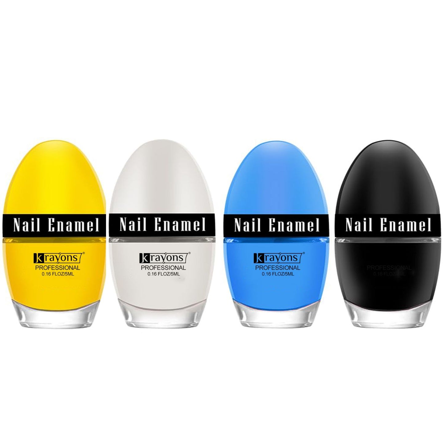 Krayons Professional Glossy Nail Paint, 5ml Each, Pack of 4 (Lemon Yellow, Black Shadow, White Snow, Baby Blue)