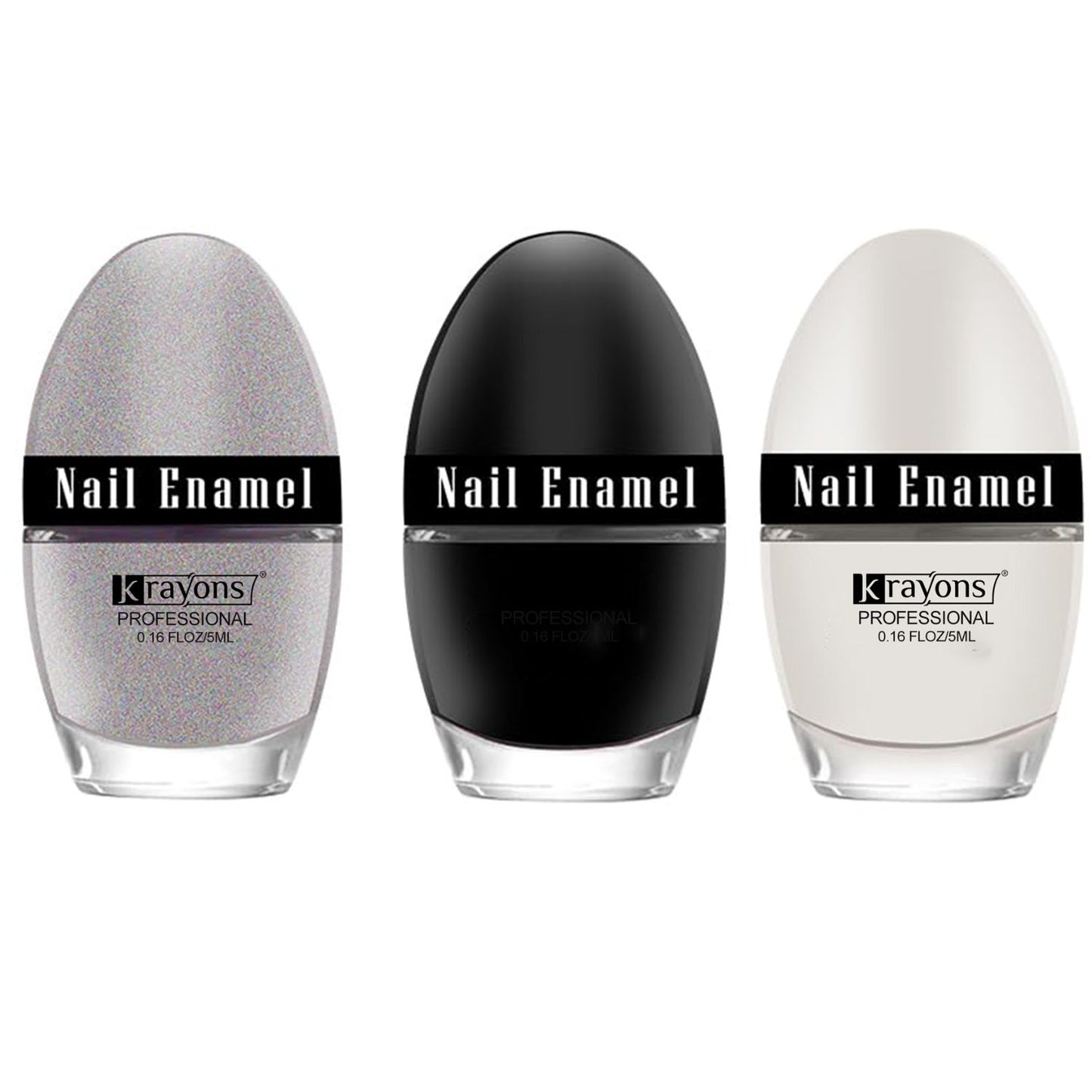 Krayons Professional Glossy Nail Paint, 5ml Each, Pack of 3 (Black Shadow, White Snow, Silver Glitter)
