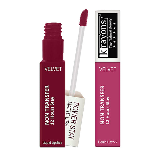 Krayons Power Stay Nontransfer 12hrs Stay Matte Liquid Lipstick, Mask Proof, 4ml Each, Combo, Pack of 2 (Pink Glam, Maroon Magic)