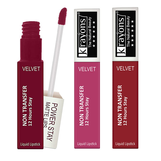 Krayons Power Stay Nontransfer 12hrs Stay Matte Liquid Lipstick, Mask Proof, 4ml Each, Combo, Pack of 3 (Maroon Magic, Pink Glam, Red Rush)