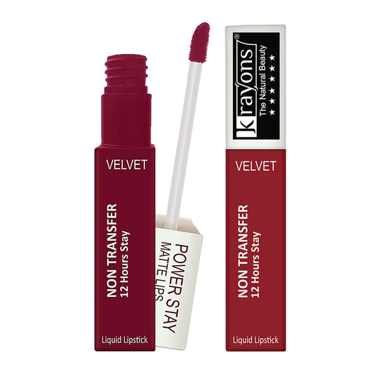 Krayons Power Stay Nontransfer 12hrs Stay Matte Liquid Lipstick, Mask Proof, 4ml Each, Combo, Pack of 2 (Red Rush, Maroon Magic)