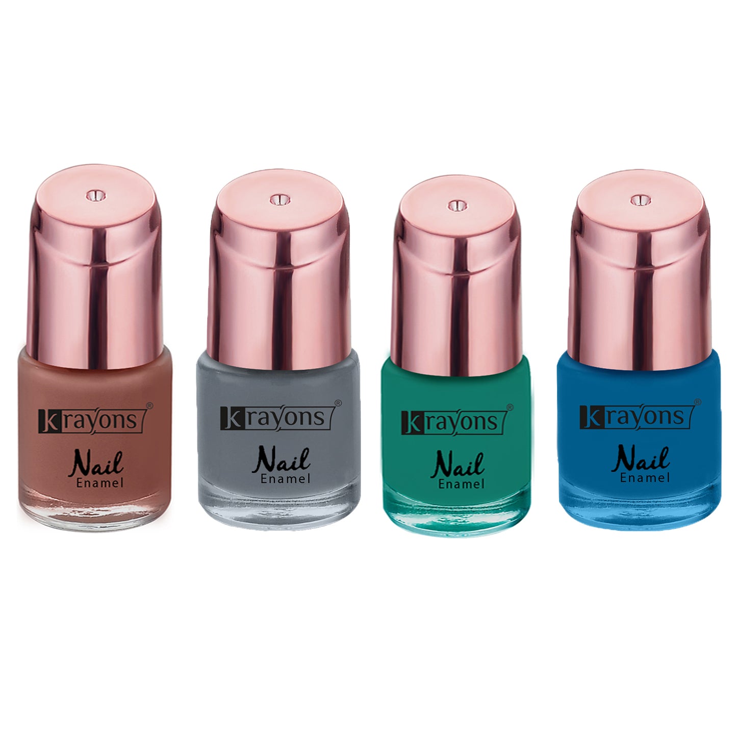 Krayons Crazy Gel Nail Enamel, Waterproof, Longlasting, 8ml Each, Multicolor, Pack of 4 (Romantic Nude, Charcoal Grey, Blue Eyed Girl, Diamond Green)