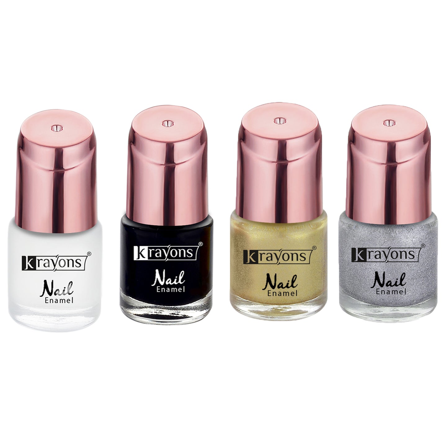 Krayons Crazy Gel Nail Enamel, Waterproof, Longlasting, 8ml Each, Multicolor, Pack of 4 (Golden Treasure, Silver Glitter, White Snow, Black Shadow)