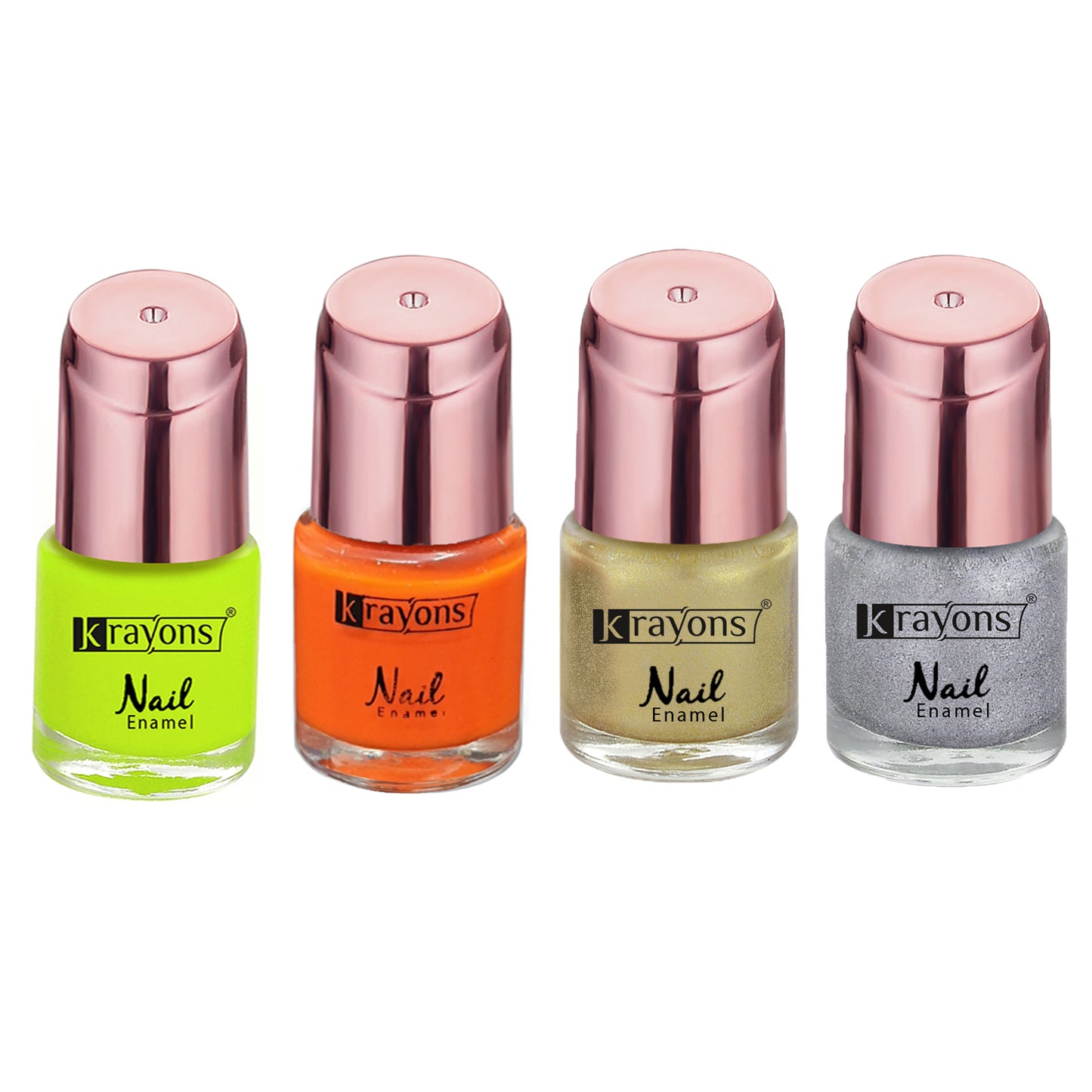 Krayons Crazy Gel Nail Enamel, Waterproof, Longlasting, 8ml Each, Multicolor, Pack of 4 (Golden Treasure, Silver Glitter, Neon Yellow, Neon Orange)