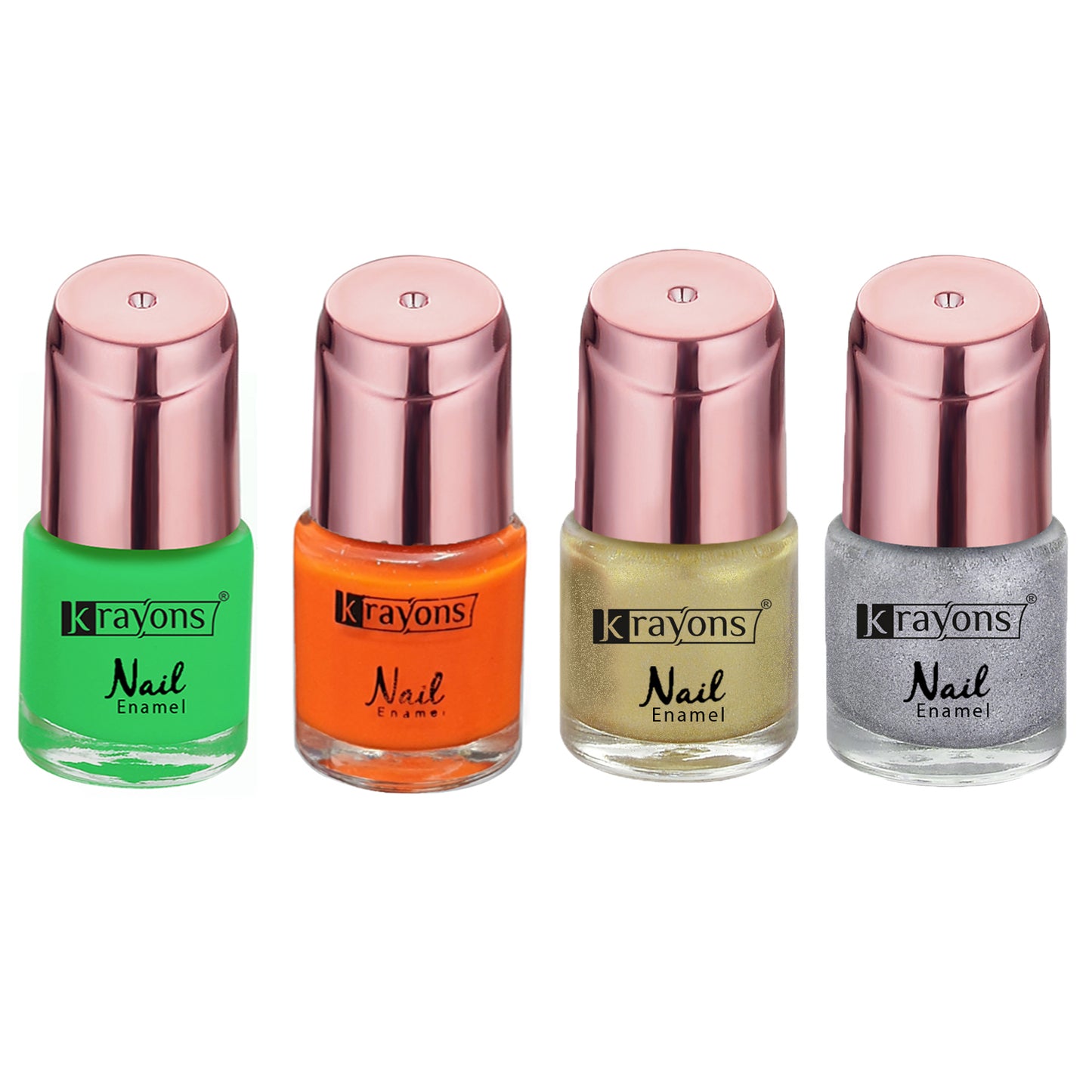 Krayons Crazy Gel Nail Enamel, Waterproof, Longlasting, 8ml Each, Multicolor, Pack of 4 (Golden Treasure, Silver Glitter, Neon Green, Neon Orange)