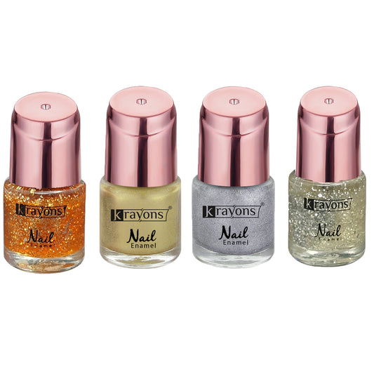 Krayons Crazy Gel Nail Enamel, Waterproof, Longlasting, 8ml Each, Multicolor, Pack of 4 (Golden Treasure, Silver Glitter, Shimmer Silver, Shimmer Golden)
