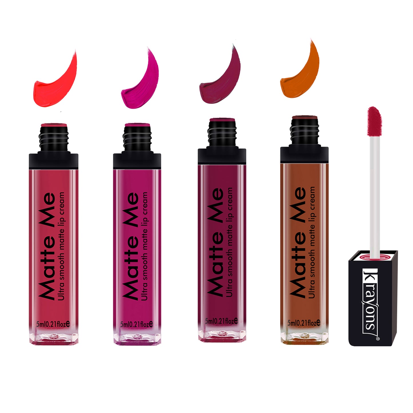 Krayons Matte Me Ultra Smooth Matte Liquid Lip Color, Mask Proof, Waterproof, Longlasting, 5ml Each, Combo, Pack of 4 (Sunset Orange, Pink Fever, Wow Pink, Coffee Creme)